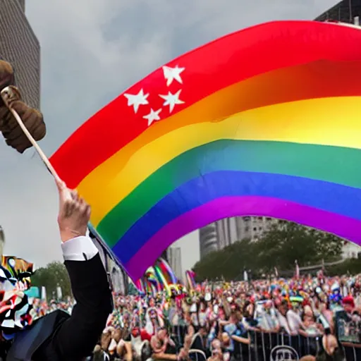 Image similar to donald trump holding up a gay pride flag