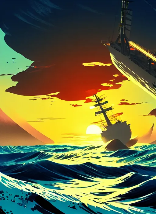 Prompt: paper ship, ocean, sunset scenery wallpaper aesthetic, anime style, closeup view, sharp focus, beautiful, cinematic, dramatic, super detailed and intricate, hyper realistic, 4 k render, by koson ohara, by darwyn cooke, by hiroshi yoshida, by kentaro miura