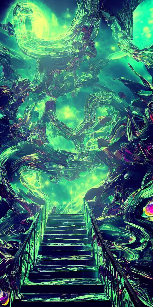 Prompt: trippy stairway into the phantasmagoric realm of dreams, epic scene, volumetric lighting, vivid color, max detail, hd