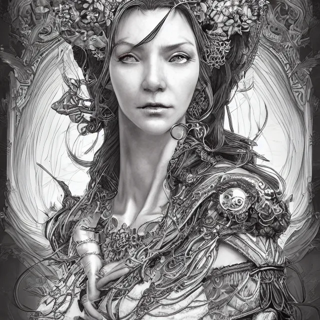 Image similar to the portrait of chaotic good female druid alchemist as absurdly beautiful, gorgeous, elegant, mature happy woman, an ultrafine hyperdetailed illustration by kim jung gi, irakli nadar, intricate linework, sharp focus, bright colors, octopath traveler, final fantasy, unreal engine 5 highly rendered, global illumination, radiant light, detailed and intricate environment