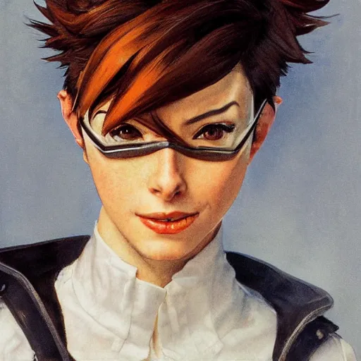 Prompt: Portrait of Tracer from Overwatch, by Norman Rockwell