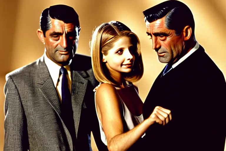 Image similar to cary grant as giles in buffy the vampire slayer, along side sarah michelle gellar 1 9 9 8