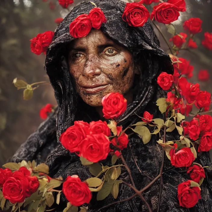 Image similar to closeup portrait of a woman wearing a cloak of roses in a charred, burnt forest, by Annie Leibovitz and Steve McCurry, natural light, detailed face, CANON Eos C300, ƒ1.8, 35mm, 8K, medium-format print