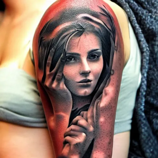 Image similar to a tattoo design of a beautiful girl face faded in a mountain scenery, in the style of den yakovlev, hyper - realistic, amazing detail