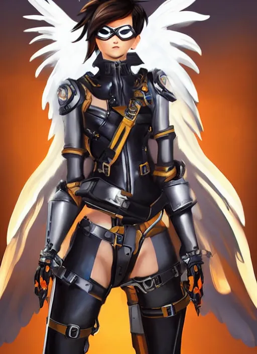 Image similar to full body artwork of tracer overwatch wearing leather collar, angel wings, dramatic painting, symmetrical composition, wearing detailed leather collar, black shiny armor, chains, black harness, detailed face and eyes,