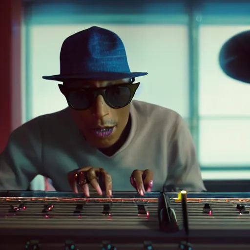 Image similar to cinematic film still of Pharrell Williams Making A Beat with an anthropomorphic alien, Japanese VFX, 2018, 400mm lens, f1.8, shallow depth of field,film photography