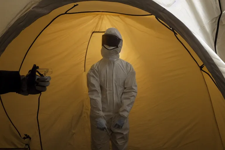 Image similar to man wearing hazmat suit in clean tent. by Roger Deakins