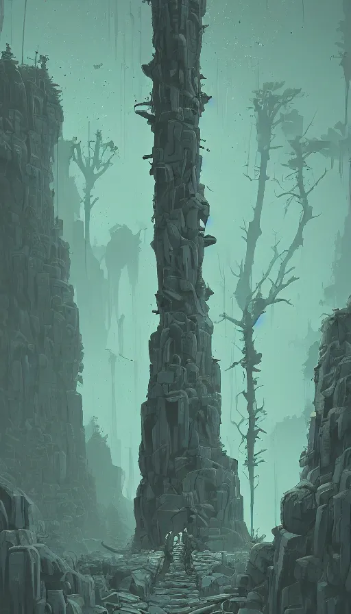 Image similar to stone golem, true evil, dormant, cyberpunk forest, nearby, sharp focus, james gilleard, cinematic, game art, extremely detailed digital painting, print