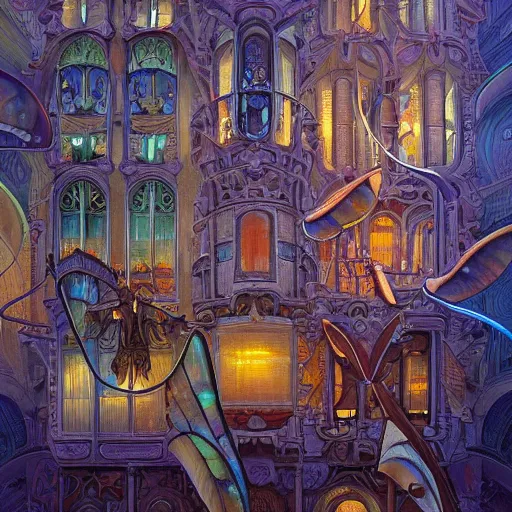 Image similar to beautiful painting of an art moderne city, glowing windows. reflective detailed textures, moth wings, highly detailed dark fantasy science fiction painting by donato giancola and peter mohrbacher and nicholas roerich and diego rivera, elaborate geometric ornament, ancient runes, silver and cool colors. artstation