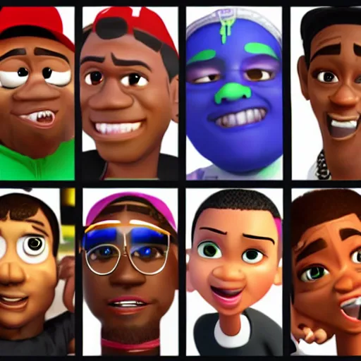 Image similar to famous rappers avatars made with blender in disney pixar style