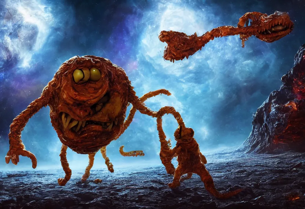 Image similar to eldritch horror bloody garfield in space, hd, 8 k, giant, epic, realistic photo, unreal engine, stars, prophecy, powerful, cinematic lighting, destroyed planet, debris, violent, sinister, ray tracing, dynamic, epic composition, dark, horrific, teeth, grotesque, monochrome drawing, hellscape