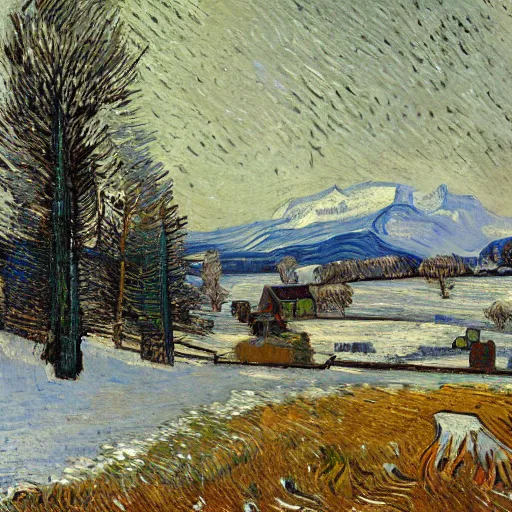 Image similar to beautiful oil painting, snowy snow storm, woodland meadow, log cabin, smoke billowing from chimney, evening, light from window, water stream, water wheel, oak trees, pine trees, rabbits, squirrel, fox, mild breeze wind, falling snow, snow on trees and ground, mountain in background, high detailed, by van gogh