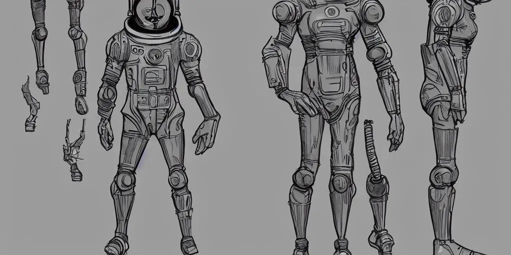 Image similar to male, fully body, elongated figure, science fiction space suit with a helmet, large shoulders, short torso, long thin legs, tiny feet, character sheet, funko, digital sketch, hyperdetailed, dieselpunk, stylized character design, concept design, in the style of mike mignola