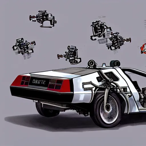 Image similar to robotic back to the future DeLorean with little robots attached to it flying around it big wheels matte painting artgerm