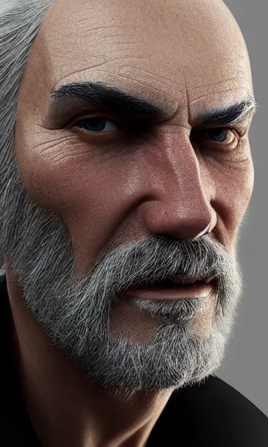 Prompt: face closeup covered with 5 0 year old man, medium sized eyebrows, gren grey eyes, pale skin, grey beard, long grey hair, symmetric face, 3 d render, hyper - realistic detailed portrait, ruan jia, wlop