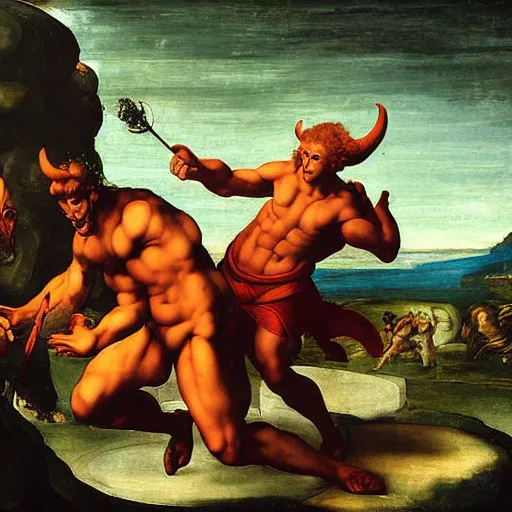 Prompt: the devil and the god, epic fight, iconic battle by raphael