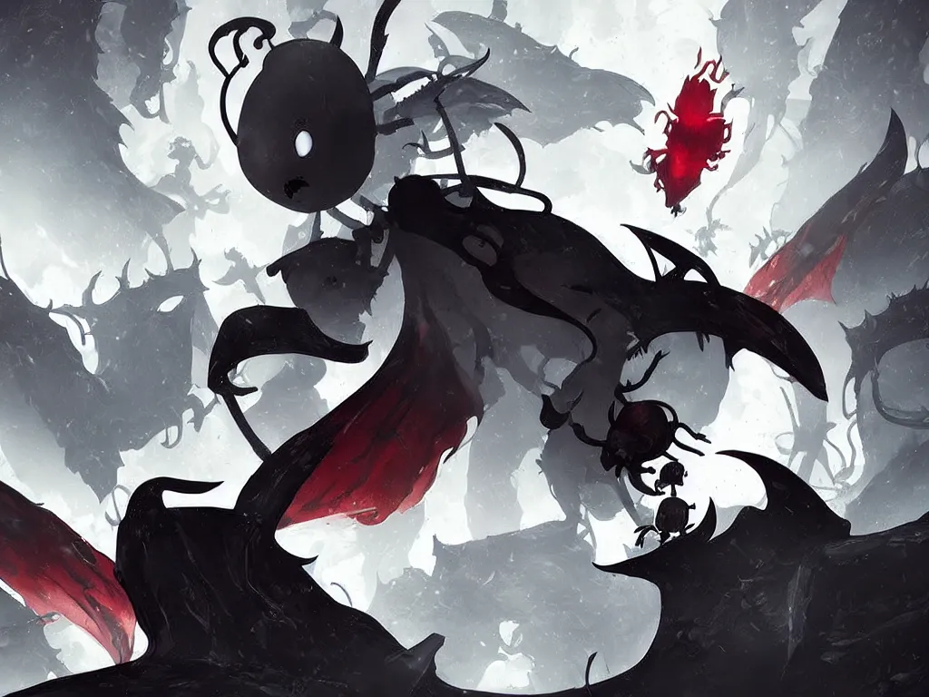 Image similar to cover art for hollow knight. Ominous. High detail. No text. Red. Bright Colors. nightmare king grimm. Sharp. 4K 8K. Detailed shapes.