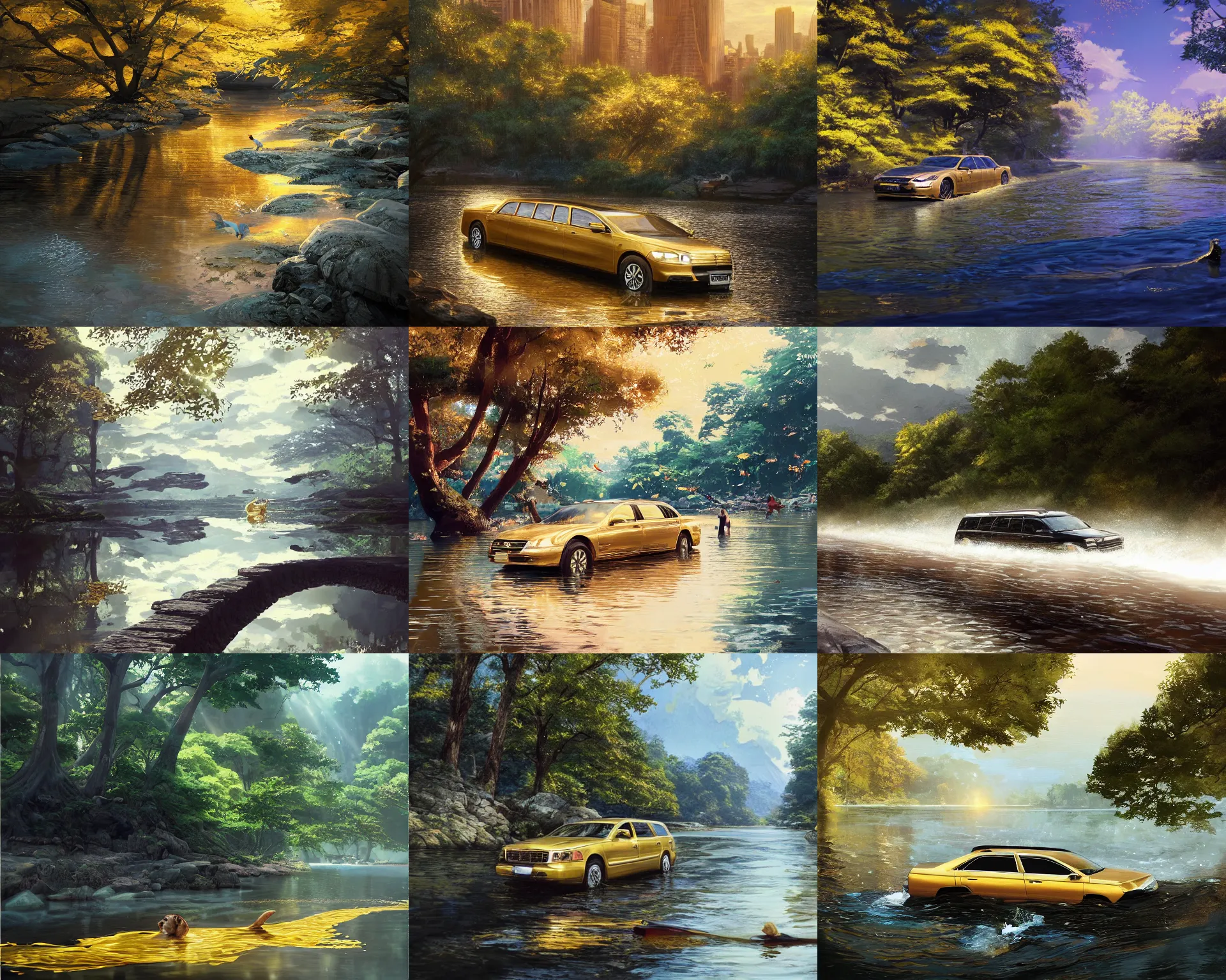 Prompt: a golden limousine swimming in a river, ripples, reflections. Shady, trees bent over river, rocky shores. By Makoto Shinkai, Stanley Artgerm Lau, WLOP, Rossdraws, James Jean, Andrei Riabovitchev, Marc Simonetti, krenz cushart, Sakimichan, trending on ArtStation, digital art.