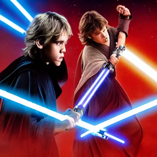 Image similar to luke skywalker fighting anakin skywalker, star wars, lightsaber