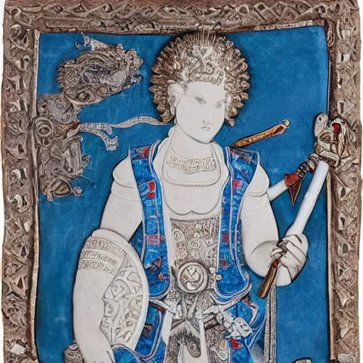 Image similar to Ancient warrior holding Clear white textured shield with artistically executed decorations of peonies, foliated scrolls, dragons and medallions in white reserve on an opaque mazarine blue ground. Capped with metal