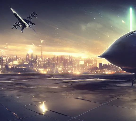 Image similar to futuristic sci fi jet lands at runway of cyberpunk city, night photo ,dark cinematic lighting , digital concept art