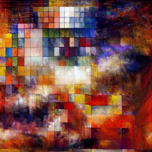 Prompt: A beautiful painting of a abstract composition of geometric shapes in various colors. wabi-sabi, modernism, Google by Thomas Moran, by Mat Collishaw #wow, detailed