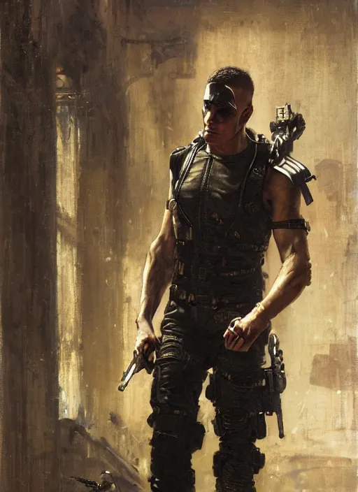 Image similar to frankenstein. cyberpunk mercenary wearing a military vest and combat jumpsuit. (Cyberpunk 2077, bladerunner 2049). Iranian orientalist portrait by john william waterhouse and Edwin Longsden Long and Theodore Ralli and Nasreddine Dinet, oil on canvas. Cinematic, vivid colors, hyper realism, realistic proportions, dramatic lighting, high detail 4k