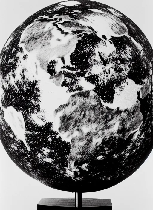 Prompt: realistic photo of a scientific model of an ugly rough fluffy hairy molecule globe made of black clay covered with white dots with wooden details, front view 1 9 9 0, life magazine reportage photo, metropolitan museum photo