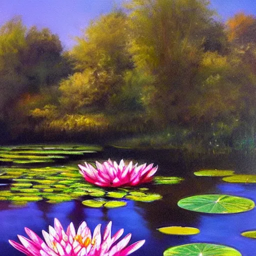 Prompt: a beautiful painting of a waterlily pond