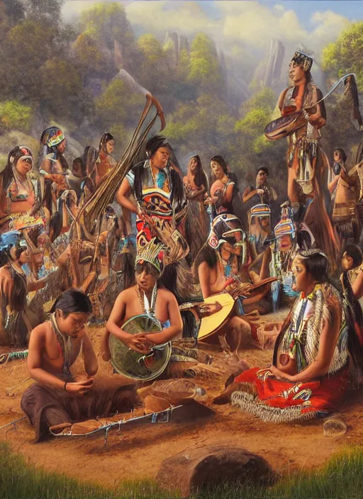 Image similar to a painting of indigenous people playing music, matte painting, highly detailed, fantasy art