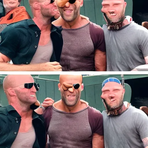 Image similar to jason statham in a pirate hat with an eye patch grinning after just rick rolling an entire group