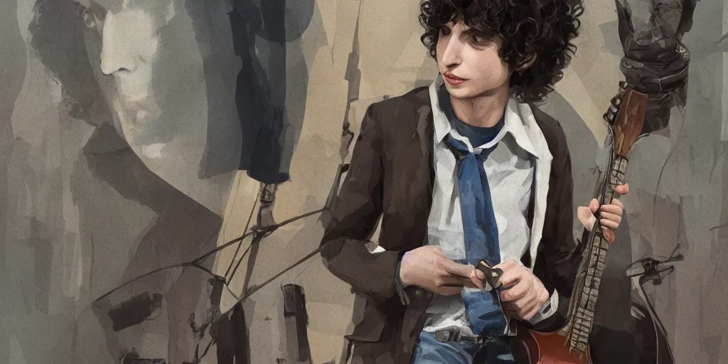 Image similar to finn wolfhard as 1 9 6 6 bob dylan, character sheet, concept art, contrast, kim jung gi, greg rutkowski, zabrocki, karlkka, jayison devadas, trending on artstation, 8 k, ultra wide angle, pincushion lens effect