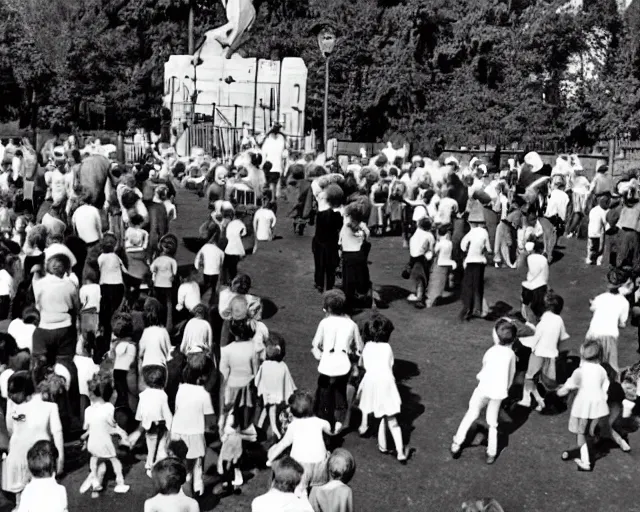 Prompt: an old photo of a crowded playground from the 1 9 5 0 s with slenderman in the background