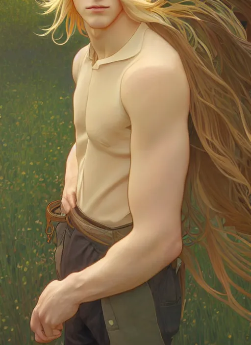 Image similar to pretty young man with shoulder length shiny shimmering golden blond hair, half body shot, path traced, highly detailed, high quality, digital painting, by studio ghibli and alphonse mucha, leesha hannigan, hidari, disney