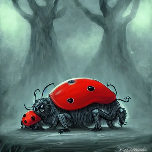 Prompt: ladybug as a monster, fantasy art style, scary atmosphere, nightmare - like dream, high detail, sharp, illustration