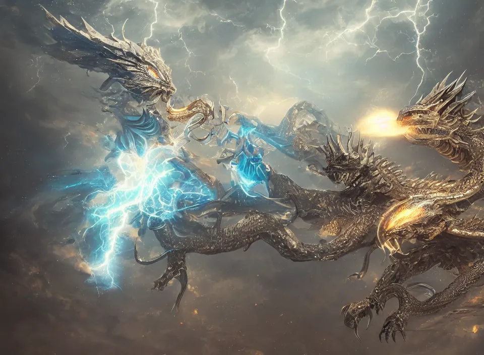 Image similar to a white - gold sacred dragon surrounded by lightning and holy light, aura of light, artificial intelligence, scifi, futuristic, highly detailed, trending on artstation, lee ji - eun, advanced technology, art by vitaly bulgarov and nivanh chanthara and lance wilkinson