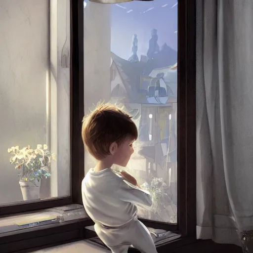 Prompt: young boy wearing white fabric pajama with cartoon paintings on it infront of the window in his room and staring outside. highly detailed, digital painting, artstation, concept art, smooth and sharp focus, cg by tian zi and wlop and alphonse mucha