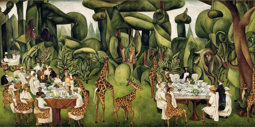 Prompt: elegant victorian tea party with giraffes in an english summer garden patio, diego rivera - h 7 6 8