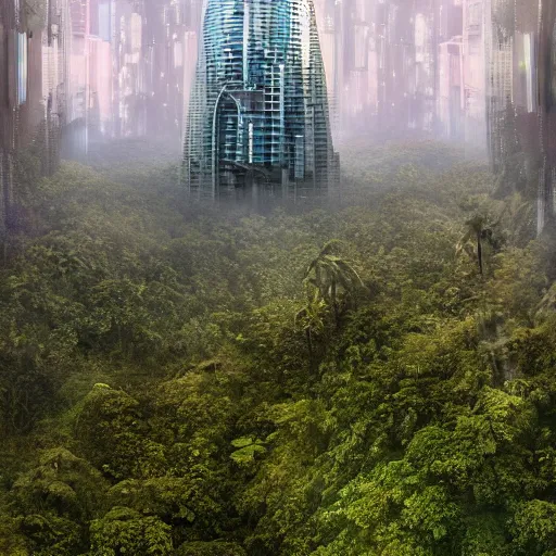 Prompt: an expansive view of a futuristic containment building in a rainforest valley with a futuristic city in the distance, tropical, national geographic, hyper realistic, 4 k, hazy light