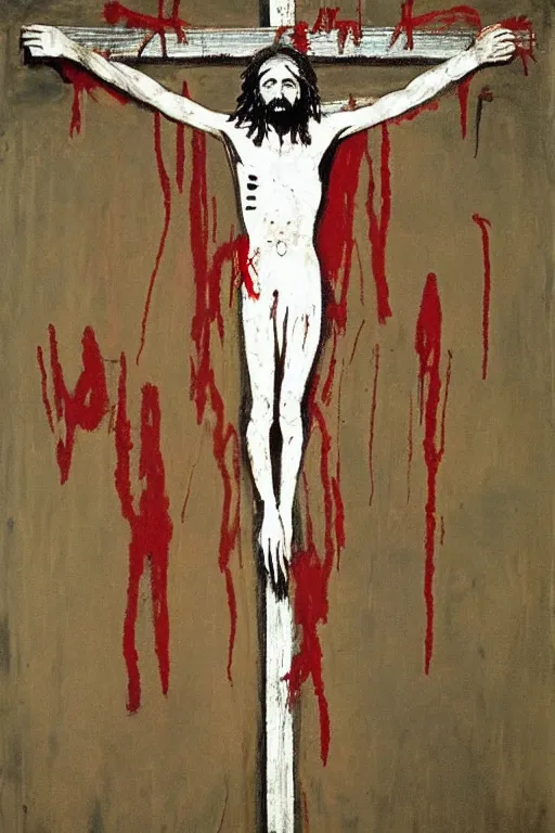 Prompt: bloody jesus christ crucified painted by cy twombly and jean michel basquiat