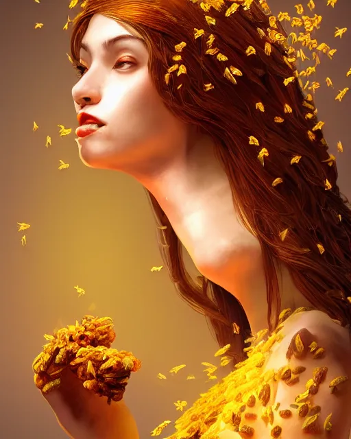 Prompt: beautiful marijuana as honey, made of honey, wearing honey - themed miniskirt, award winning creature portrait photography, extremely detailed, artstation, 8 k, sensual lighting, incredible art, wlop, artgerm, backlit, rim lighting, hi - fructose