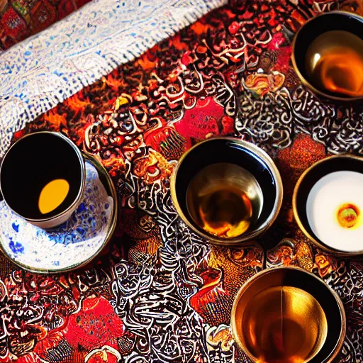 Image similar to arabic calligraphy by pollock, moroccan tea set, product photography, product design