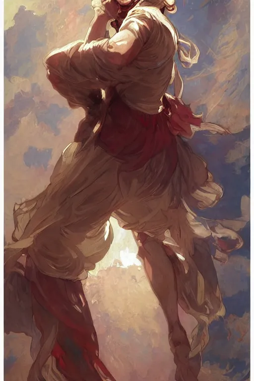 Image similar to enjolras from les miserables the musical, ray of light, shimmering and prismatic, rococo, by krenz cushart and mucha and monet, trending on artstation.