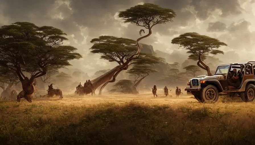 Image similar to mahindra thar driving through madagascar with baobabs trees, tribe members chasing for an attach, action scene, artgerm and greg rutkowski and alphonse mucha, an epic fantasy, volumetric light, detailed, establishing shot, an epic fantasy, trending on art station, octane render, midsommar