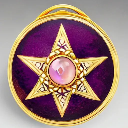 Prompt: a photo of the lid of a vintage circular powder compact with an inlaid 10k red gold pentagram that has a different colored gem stone at each point, transparent pink basse-taille enamel over guilloché engravings and a large, round cabochon in the middle encircled by a gold crescent moon inlay. Tiffany & Co.