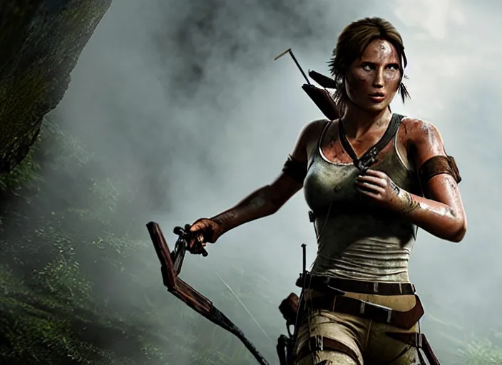 Image similar to film still of!!!! daisy edgar jones!!! as lara croft in new tomb raider movie, 8 k