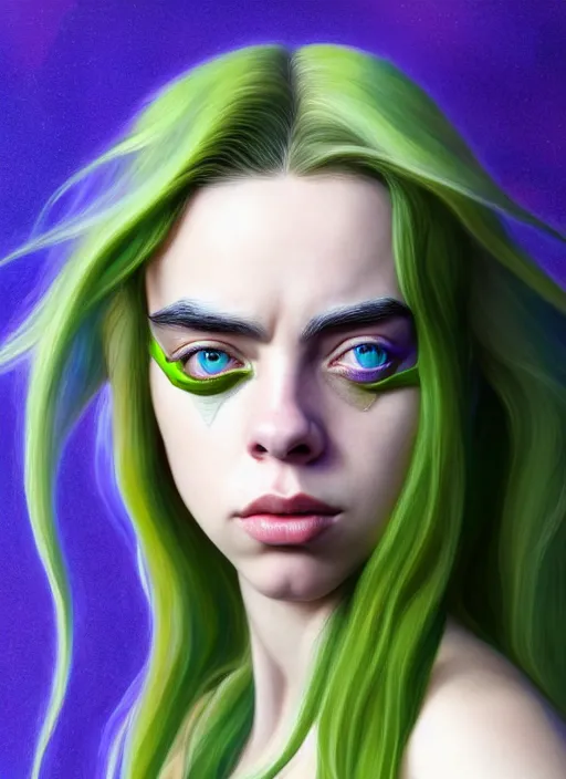 Prompt: Billie Eilish as Female Loki, beautiful facial symmetry, olive skin color, hyper realistic, hyper detail, very detailed, digital art, trending on artstation, smooth render, 8k octane render, digital illustration, by Katsuhiro Otomo and Shigeru Miyamoto