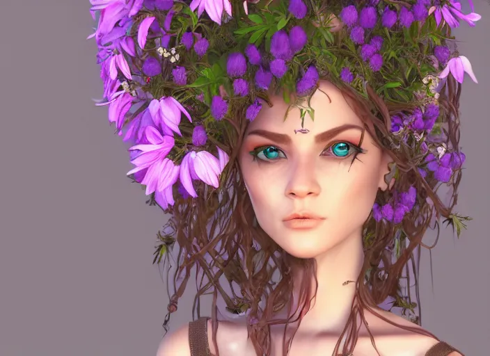 Prompt: Fantasy Alrune androgynous plant humanoid with flowers in hair plant body by Larry Elmore, symmetrical face concept art, octane render unreal engine meta humans, artstation