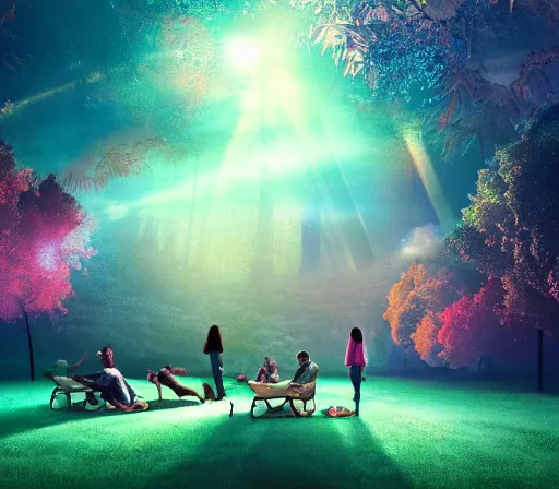 Prompt: people being together in a magical dream world, beautiful colors, cinematic lighting