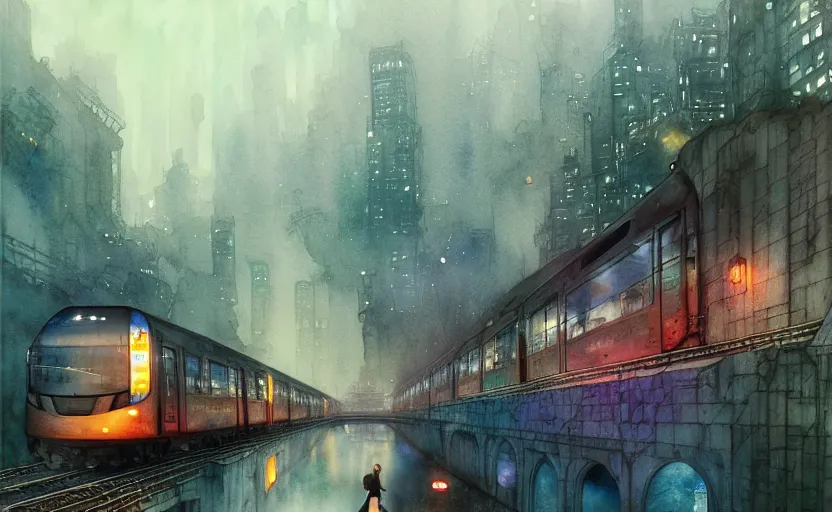 Image similar to an urban train rides inside of a waterway on a fantasy city. intricate, amazing composition, colorful watercolor, by ruan jia, by maxfield parrish, by marc simonetti, by hikari shimoda, by robert hubert, by zhang kechun, illustration, gloomy, volumetric lighting